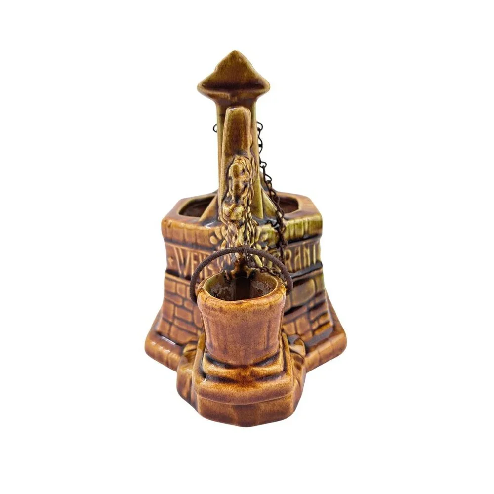 Vintage McCoy Pottery Wishing Well Planter Brown Green Pot Grant A Wish To Me